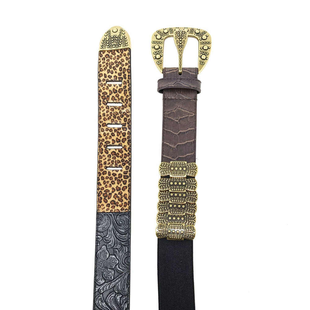 Chicos Belt Womens Medium Brown Black Leather Leopard Brass Gold Boho Western